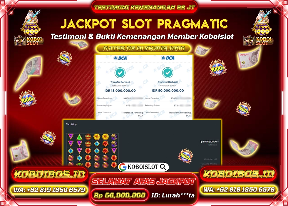 BUKTI KEMENANGAN ID Lurah***ta SLOT GACOR GATES OF OLYMPUS 1000 Rp68.000.000,- LUNAS